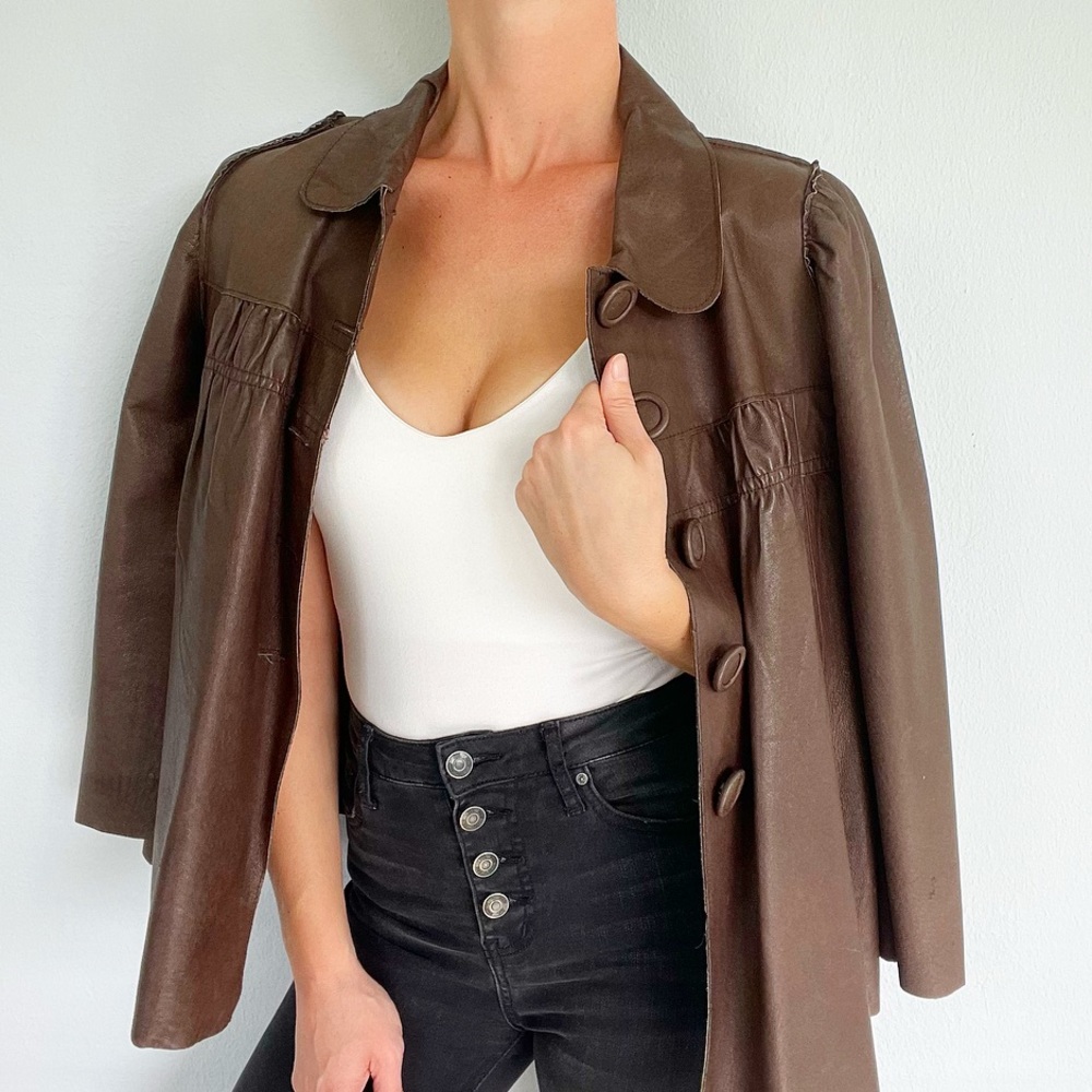 Anthropologie Common Thread brown leather mod style button up jacket size small